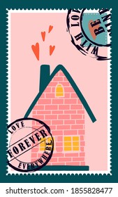 sellos de correo románticos. sobres y tarjetas para el día de San Valentín. Vista descendente. Ilustración vectorial moderna para diseño web e impresión. Sellos retro. Concepto de correspondencia y envío postal.