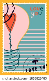 romantic postage stamps. envelopes and cards for valentine's day. Top-down view. Modern vector illustration for web design and print. Retro stamps. Correspondence and postal delivery concept.