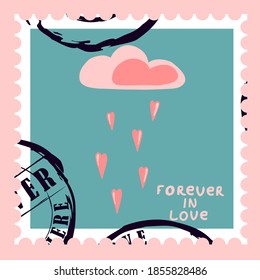 sellos de correo románticos. sobres y tarjetas para el día de San Valentín. Vista descendente. Ilustración vectorial moderna para diseño web e impresión. Sellos retro. Concepto de correspondencia y envío postal.