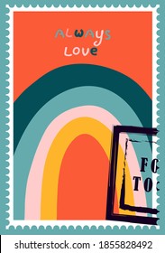 romantic postage stamps. envelopes and cards for valentine's day. Top-down view. Modern vector illustration for web design and print. Retro stamps. Correspondence and postal delivery concept.