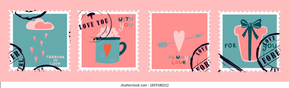 romantic postage stamps. envelopes and cards for valentine's day. Top-down view. Modern vector illustration for web design and print. Retro stamps. Correspondence and postal delivery concept.