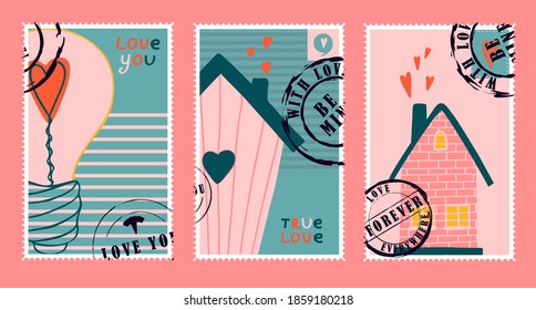 romantic postage stamps. envelopes and cards for valentine's day. Top-down view. Modern vector illustration for web design and print. Retro stamps. Correspondence and postal delivery concept.