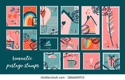 romantic postage stamps. envelopes and cards for valentine's day. Top-down view. Modern vector illustration for web design and print. Retro stamps. Correspondence and postal delivery concept.