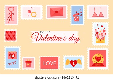 Romantic postage stamps with hearts for Valentine's Day. Cute background for lovers with an envelope, flowers, gifts. Vector stock illustration