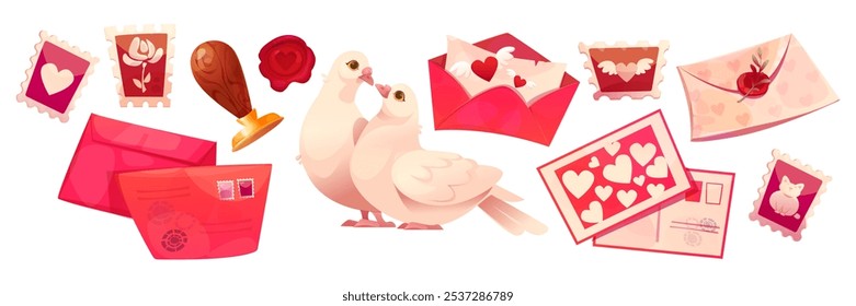 Romantic postal collection with loving doves and heart adorned envelopes, rose stamps and greeting cards, wax seal. Pink and red Valentine mail cartoon set for love postbox correspondence design.