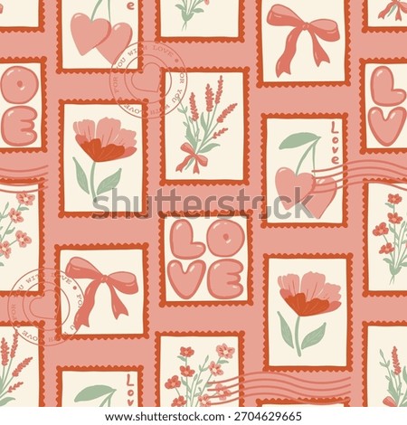 Romantic Postal Stamps Seamless Vector Pattern Valentines Day Digital Paper Postmark Scrapbooking