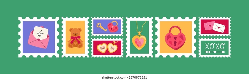 Romantic postal stamps for Valentine's day. Colorful hand drawn postmarks with love theme, teddy bear, heart lock, love letters. Vector illustration set.