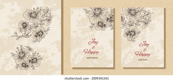 romantic postcard, banner, background with  text. realistic flowers,  Tropical orchid branches, hand-drawn in a minimalist style. greeting card for print, holiday you idea. modern vintage style.