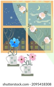 Eine romantische Postkarte, ein Notizbuch mit einem Fenster, hinter dem man die Winternachtsstadt und die schönen Blumen auf dem Fensterbrett sehen kann. Vektordesign.