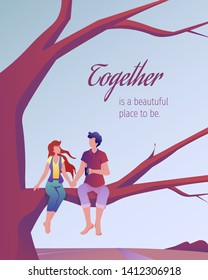 Romantic postcard design for Valentine's Day, Lovers, Spouses. Young couple sitting on a tree branch against the evening sky. Woman and man look at each other. Great for card, poster, banner, cover.