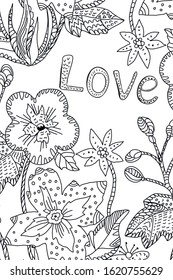 Romantic postcard in doodle style. Coloring book page with flowers and word love.Wedding invitation design or valentines day postcard.