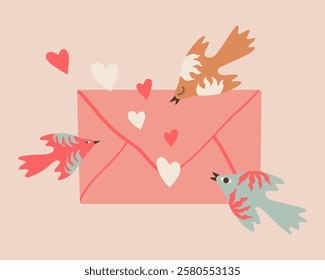 Romantic postcard with dove birds and letter. Valentines day love card.  Vector illustration design template. 