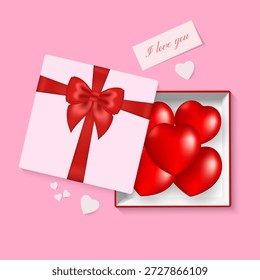 Postal romántica con una caja de regalo y corazones. Te amo. Ilustración vectorial