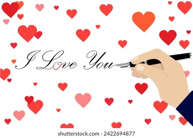 Romantic postcard with hearts. The hand writes the text - I love you. Vector 
