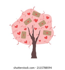 Romantic postcard. Love tree. Decorated tree with hearts and love mail for Valentine's Day. Vector illustration in flat cartoon style.