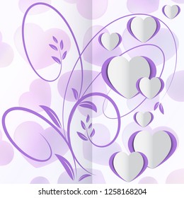 Romantic postcard. Many flying hearts on a light background. Design greeting cards for a wedding, birthday, Valentine's Day. Vector illustration