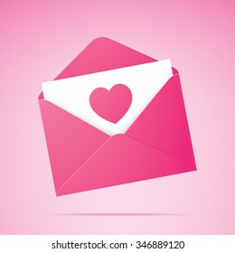 Romantic postcard. Pink envelope with heart icon. Vector illustration