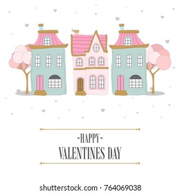 Romantic postcard with Valentine's Day. Elements and text. Vector illustration.