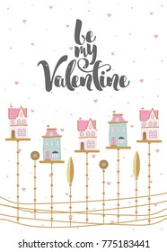 Romantic postcard with Valentine's Day. Elements and text. Vector illustration.