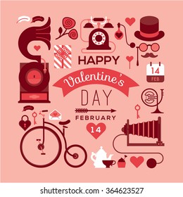 Romantic postcard with valentine's day symbols and silhouettes. Text composition with illustration in retro style.