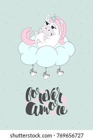 Romantic postcard with the words forever amore. Elements and text. Vector illustration.