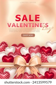 Romantic poster with 3d pink, white, magenta puffy sweet hearts and realistic tied beige silk bow wrapping for Happy Valentine's Day sale event. Pink greeting card with candy hearts and discount info