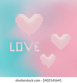 Romantic poster with abstract pixel hearts and word LOVE. Vector illustration on blue and pink gradient background.