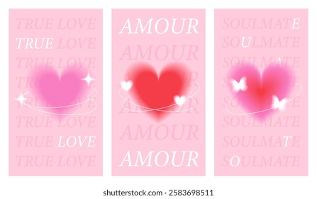 Romantic poster design with blurred hearts. Aura gradient heart symbols in red and pink color. Elegant concept of true love, soulmate, amour typography for Valentines day.