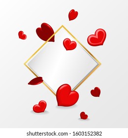 Romantic poster frame with 3d red hearts and gold frame on white background. Happy St. Valentines Day greeting card or Wedding invitation with empty space for love text. Vector template