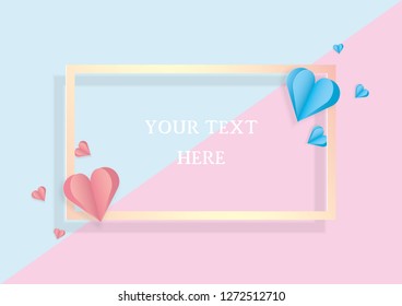Romantic poster frame decoration with hearts and frame for Happy Valentines Day greeting card or Wedding invitation. Vector of pastel sweet tone color template. Love, e-card, banner.