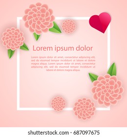 Romantic poster frame decoration with hearts, flowers and frame for Happy Valentines Day greeting card or Wedding invitation. Vector pink border template. Love, e-card, Origami Cut paper red heart