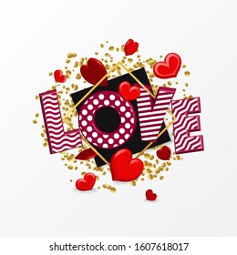 Romantic poster frame with red hearts and black frame on white background. Happy St. Valentines Day greeting card or Wedding invitation with 3d love letter with pattern. Vector template for birthday