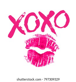 Romantic poster with handdrawn lettering. Modern ink calligraphy. Handwritten fuchsia phrase XOXO and realistic lipstick imprint isolated on white. Trendy vector design for Valentines Day or wedding