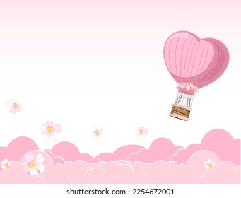 Romantic poster for the holiday of lovers, for birthdays. wedding, valentine's day, with a heavenly landscape, clouds, an airship in the form of a heart and a bunch of flowers and a flock of birds