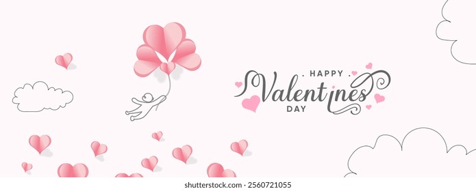 Romantic poster. Valentine's Day postcard with flying man pink balloons on background