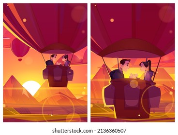 Romantic posters with happy couple in hot air balloon basket at sunset. Vector flyers or greeting cards with cartoon illustration of love girl and man flying in airship above fields and mountains