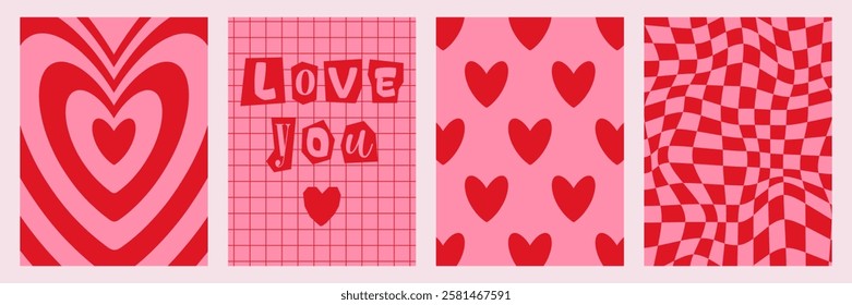 Romantic posters for love celebrations, proposals, birthdays, and Women's Day. A collage featuring the text "I love you," a heart-patterned background, and many hearts. Modern poster design in a retro