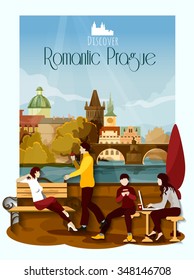 Romantic Prague poster with loving couple and landmarks on background vector illustration