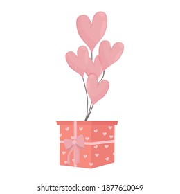 Romantic present with bow and balloons heart shape isolated on white background. Valentine Day celebration, romantic gift, design element for decoration.