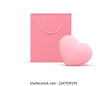 Romantic present love holiday celebration pink heart shopping bag 3d icon realistic vector illustration. Birthday anniversary package festive congratulations surprise sale discount special offer