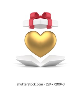 Romantic present package open gift box with huge golden heart 3d icon realistic vector illustration. Premium enamored holiday surprise festive congratulations decor element Valentines celebration