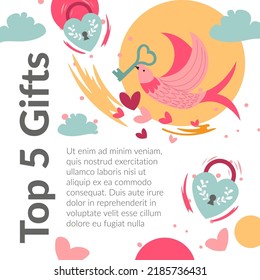 Romantic presents for holidays and special occasions. Top five gifts for boyfriend or girlfriend. Dove with key, hearts and decor. Promotional banner or advertisement poster. Vector in flat style