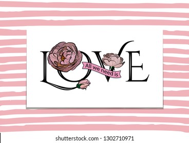 Romantic print. Love. Vector illustration isolated on watercolor stripe background.
