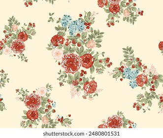 Romantic print pattern of David Austin roses, roses combined with hydrangeas, strawberries, cherries... on a beige background. Sophisticated, elegant colors3D printing.