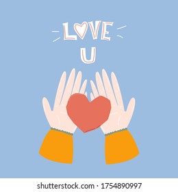 Romantic print with quote.  Cartoon hands holding a heart. Vector hand drawn illustration.