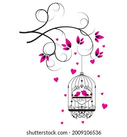 A romantic print, with two birds in a cage and hearts decorating it. Draw and text, sublimation design and Vector T-shirt fashion design.