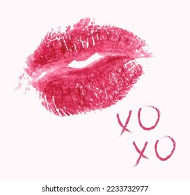 Romantic print with xoxo text. Modern lips icon. Phrase XOXO and realistic lipstick print isolated on white. Trendy vector design for Valentines Day or wedding