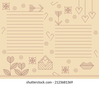 Romantic printable template with lines for text. Vector background with girly icons with thin lines for notebook page, diary, personal journal, etc.
