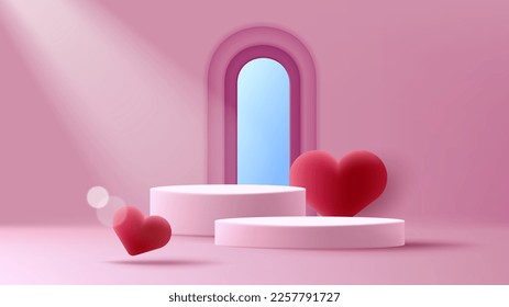 Romantic product placement scene with 3d cylinder podium, red hearts and window into the sky with spotlight, pink pastel colours