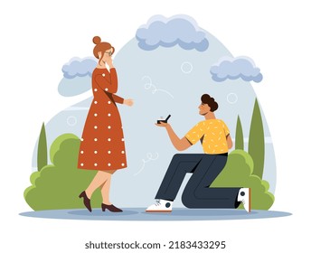 Romantic proposal concept. Guy gives girl ring and asks her to marry him. Happy family and young couple. Love and care, surprise on romantic date. Bride and groom. Cartoon flat vector illustration